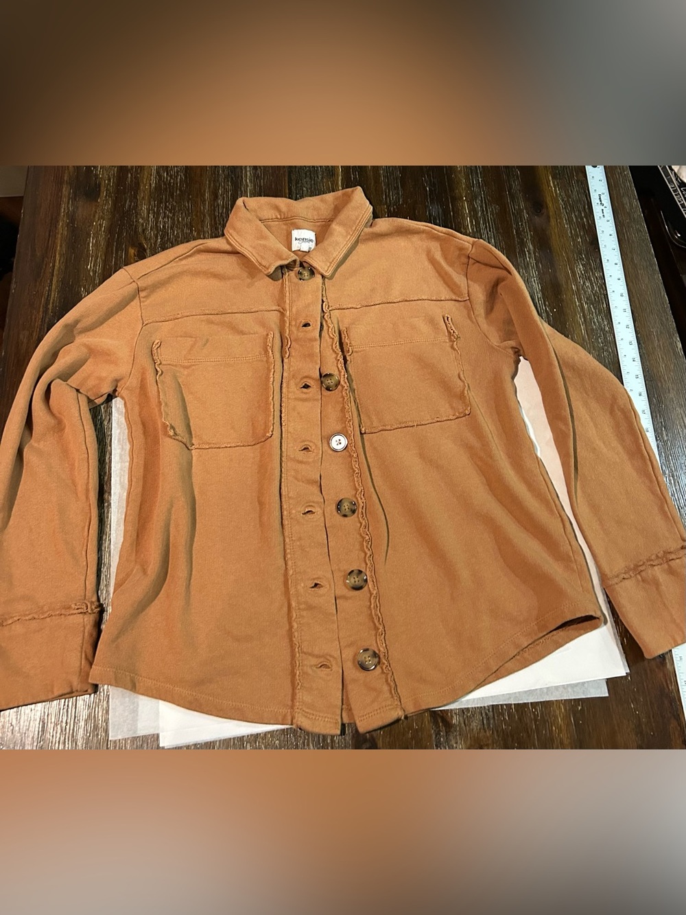 Kensie Jeans Frayed Buttoned Sweatshirt Camel